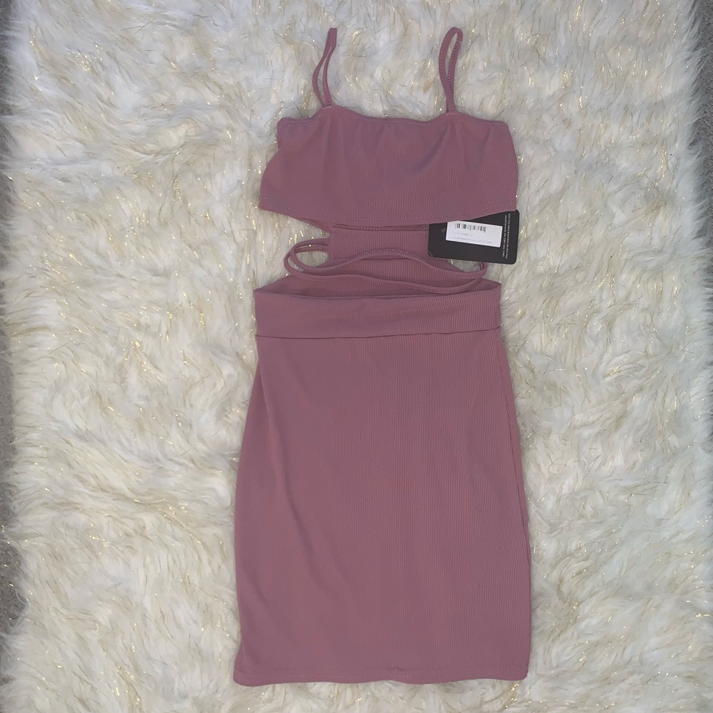 Mauve Ribbed Strappy Cut Out Detail Bodycon Dress